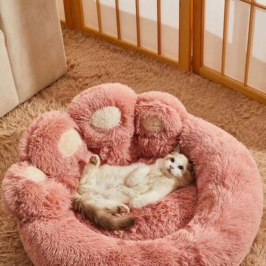 Winter Hot Cute Bear Paw Shaped Dog Bed And Cat Bed, Calm Donut Dog Bed, Warm And Comfortable Soft Dog Round Bed, Plush Dog And Cat Cushion Bed - 粉色 - 查看 1