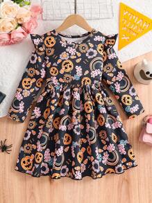 Young Girl' Casual Printed Long Sleeve A-Line Knit Dress With Flutter Sleeves, Autumn/Winter - Multicolor - View 1
