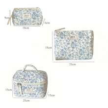 1 件蓝色秋海棠花化妆包女士旅行化妆品收纳包花卉化妆包布艺印花甜美风格洗漱包 - 藍白色 - 查看 8