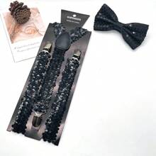 1set Men's Sequin Bow Tie & Suspenders Set, Sequin Decorated Bow Tie, Sequin Apparel Suspenders - Red - View 7