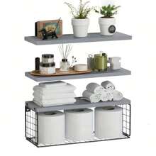 1set Rustic Solid Pine Wood Floating Shelf Set With Toilet Paper Basket, Wall Mounted Bathroom Organizer