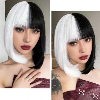 Black And White Bob Wigs With Bangs 12 Inch Straight Shoulder Length Synthetic Wigs For Women Halloween Christmas Cosplay Party Use