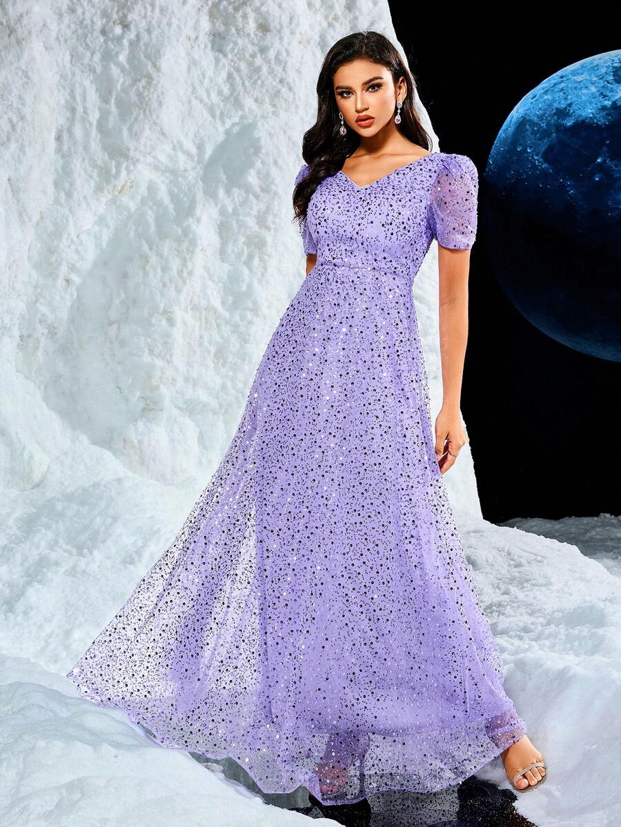 UNITHORSE Váy dạ hội thanh lịch cổ chữ V đính hạt thủ công, đính sequin, thêu, váy dạ hội trang trọng, dành cho khách dự tiệc cưới, tốt nghiệp, tiệc tối - Màu tím - Xem 1