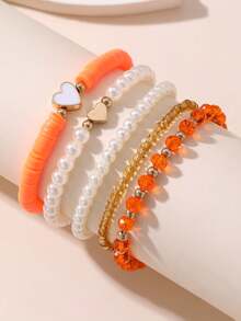 5pcs/Set Girls Heart Soft Clay Pearl Beaded Bracelet Set Suitable For Daily Decoration - 5PCS - View 2