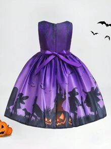 Young Girls' Halloween Pumpkin & Bat Print Satin Party Dress, Princess Style, Fabric Pattern Random, Excluding Hair Accessories - Purple - View 3