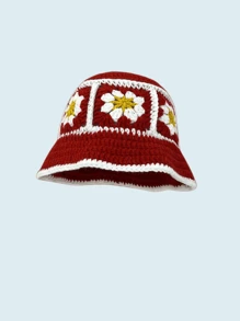 Men's Knitted Bucket Hat, Handmade Embroidery Bucket Hat, Spring Autumn Warm Windproof Retro Wave Brim Cap, Outdoor Streetwear