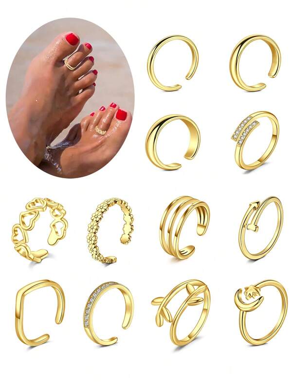 CIZME 4 pezzi di anelli per le dita dei piedi in acciaio inossidabile, set di confezione, multi-stile con design di fiori d'amore, foglie e punti perforati, dimensioni regolabili, oggetto di moda essenziale per l'estate in spiaggia, comodo da indossare