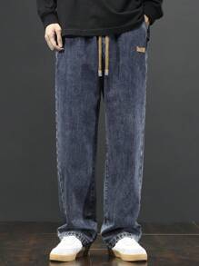 Men's Drawstring Elastic Waist Washed Relaxed Fit Straight Leg Jeans - Navy Blue - View 3