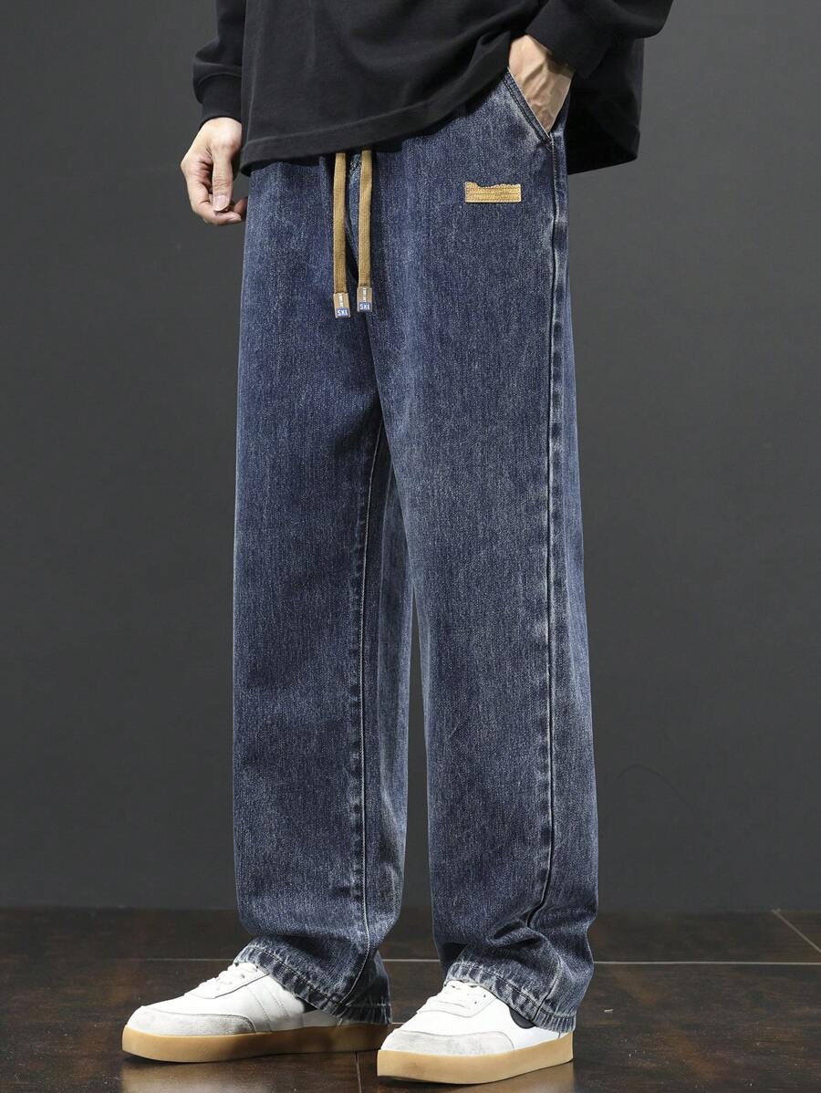 Men's Drawstring Elastic Waist Washed Relaxed Fit Straight Leg Jeans - Navy Blue - View 1