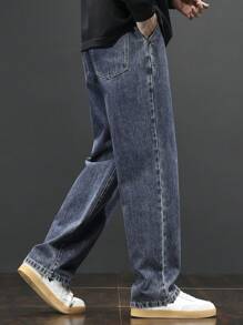 Men's Drawstring Elastic Waist Washed Relaxed Fit Straight Leg Jeans - Navy Blue - View 5