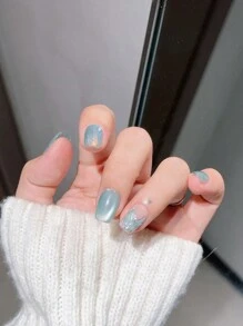 10Pcs Mermaid Texture Glass Bead Cat Eye Short Nail Art Decor Press On Nails Nail Supplies Nails - Mint Green - View 3