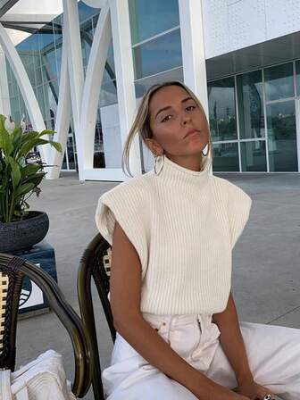 Damski swobodny jednolity kolor, stójka, szeroki pasek, sweter dzianinowy, wiosna jesień