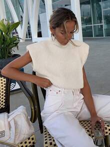 Women's Casual Solid Color Stand Collar Wide Strap Knit Sweater, Spring Autumn - Apricot - View 6