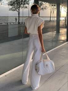 Women's Casual Solid Color Stand Collar Wide Strap Knit Sweater, Spring Autumn - Apricot - View 2