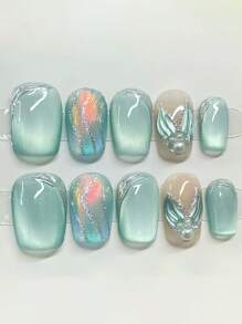 10Pcs Mermaid Texture Glass Bead Cat Eye Short Nail Art Decor Press On Nails Nail Supplies Nails - Mint Green - View 1