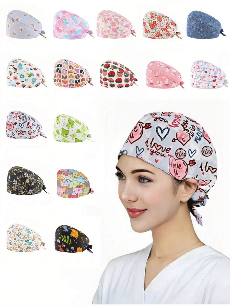 1 件女款-涤纶面料花卉、心形、卡通印花护士帽，适用于医生、护士、美容院、兽医医院和家政工作者，抗菌防尘万圣节情人节 - 彩色 - 查看 1