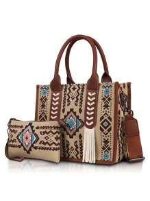 女士波西米亚风手提包单肩包休闲印花帆布包大容量手提包轻便斜挎包婆婆包通勤购物袋非常适合日常通勤购物学校休闲外出聚会 - 杏色 - 查看 9