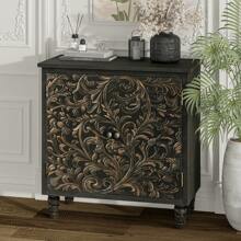 COZAYH Farmhouse 3 Drawer Dresser With Embossed Flower Leaf Motif Front, Distressed Boho Nightstand, Almost Fully Assembled, Rustic, French Country, Weathered White, Natural & White, Black - 門前儲物櫃黑色 - 查看 5