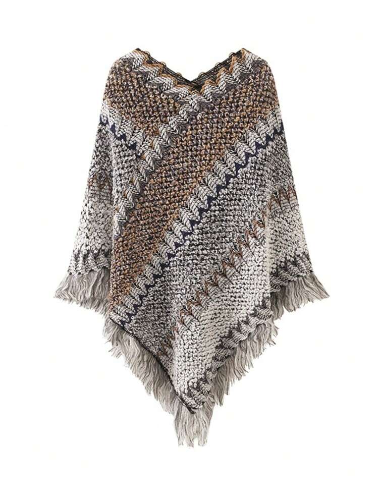 1 Peça Novo Poncho Feminino Listrado, Xale, Capa, Morcego, Assimétrico, Puxar, Suéter Com Franjas de Tricô, Cardigan Envoltório Versátil para Ar-Condicionado na Primavera e Verão, Acessório Combinável Diário para Mulheres - Multicolorido - Visão 6