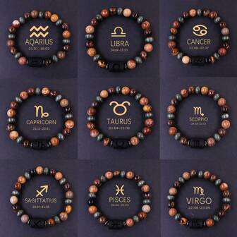 1pc Aries Taurus Gemini Cancer Leo Virgo Libra Scorpio Sagittarius Capricornus Aquarius Pisces Gifts For Brother Zodiac Bracelet Men Tiger Eyes Stone Beads Bangles Sister Gifts Ideas