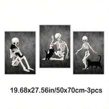 3 套骷髅和猫壁画印刷品 - 有趣的骷髅帆布海报、恐怖万圣节装饰、巫术美学骷髅和动物画作，适用于家居装饰，无框 - 黑色 - 查看 13