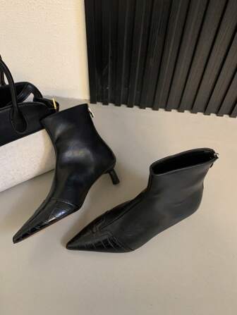 Women's Pointed Toe Alligator Embossed Patchwork Ankle Boots, Stylish High Heel Short Booties