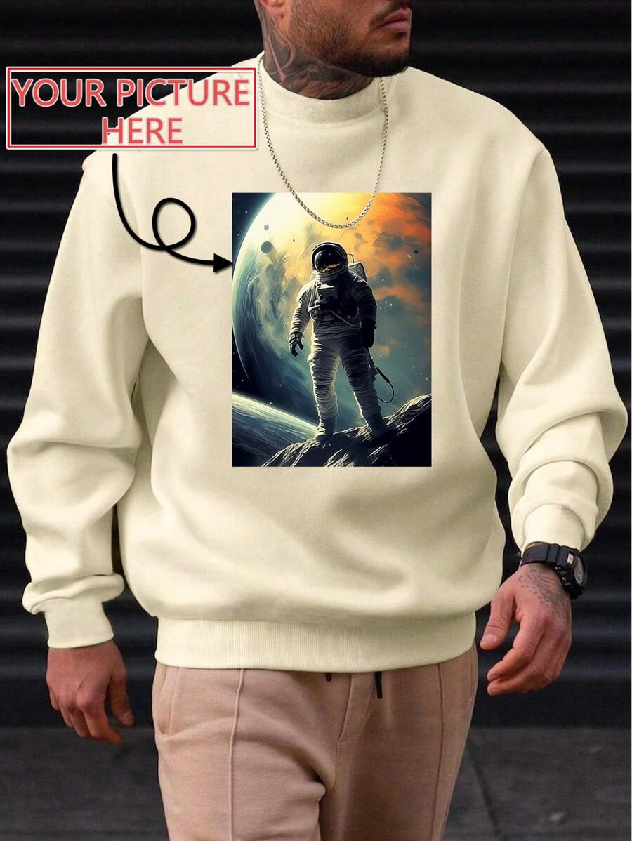 Customized Pattern Men's Sweatshirt For Autumn/Winter, Suitable For Halloween, Christmas, Birthday, Valentine's Day, Father's Day, Party, Anniversary, Custom Design Printed On Front Of Men's Crew Neck Sweatshirt