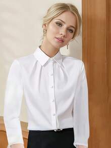 White Chiffon Long Sleeve Blouse For Women, Spring/Autumn 2025 New Work Uniform Design, Fashion Acetate Satin Formal Office Wear, Interview & Commuting Shirts