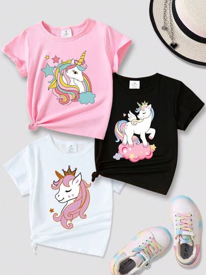 3pcs Young Girls Casual Cute Cartoon Unicorn Graphic Print Crew Neck Short Sleeve T-Shirts