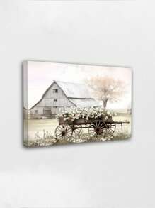 1 pieza Cartel de impresión de granero de carretera, paisaje de granja con flores para decoración de pared de sala de estar, póster listo para colgar, con opción de marco