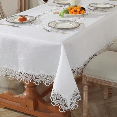 100% Polyester Fabric Water-Soluble Lace Tablecloth, Square/Rectangular Table Cover For Kitchen, Dining, Conference, Desk, Coffee Table, Vanity, Dresser, Home Decor, Living Room, Bedroom, Yard, Indoor/Outdoor, Camping, Villa, Holiday, Party, Wedding Decorations, 1pc