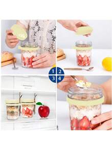 500毫升/16盎司（半罐装）隔夜燕麦梅森罐，带勺盖，密封燕麦片容器，带刻度，便携式谷物罐 - 黃色 - 查看 7