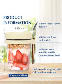 500毫升/16盎司（半罐装）隔夜燕麦梅森罐，带勺盖，密封燕麦片容器，带刻度，便携式谷物罐 - 黃色 - 查看 5