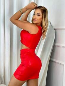 Women's Set Leather Cirre Fringe Plain Cropped And Skirt With Fringe Blogger Look All Black Parties Nightclub Fashion Tight Tube Skirt Women's Fashion - 紅色 - 查看 2