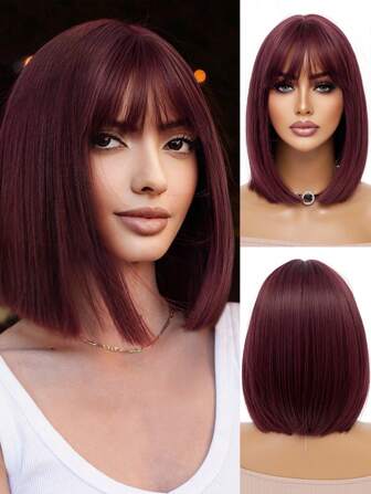 12英寸迷人优雅的紫红色短波波头假发，深红色女士短直发万圣节服装假发，带刘海，柔软自然耐热合成假发，适合派对、角色扮演、万圣节、圣诞节和其他场合。