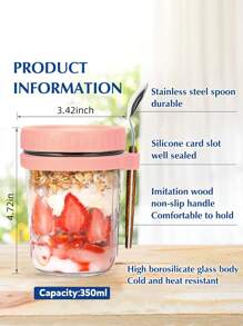 500毫升/16盎司（半包）隔夜燕麦罐，带勺子和盖子，密封燕麦罐，带刻度，梅森罐带盖，方便携带的麦片罐 - 粉色 - 查看 4