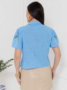 Imported Women's Small Clothes, Button-Down Cardigan, Short-Sleeved Model, Decorated With Many Flowers All Over The Body, And The Neckline Is Everted. The Collar Number Is CMZ201. - 藍色 - 查看 6