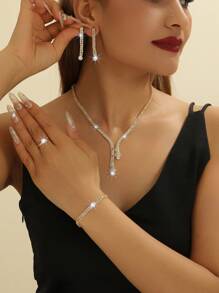 1套白色鑽石新娘珠寶套裝，西式水晶珠寶套裝，適用於派對 - 銀色 - 查看 2