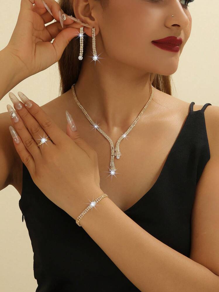 1套白色鑽石新娘珠寶套裝，西式水晶珠寶套裝，適用於派對 - 銀色 - 查看 2