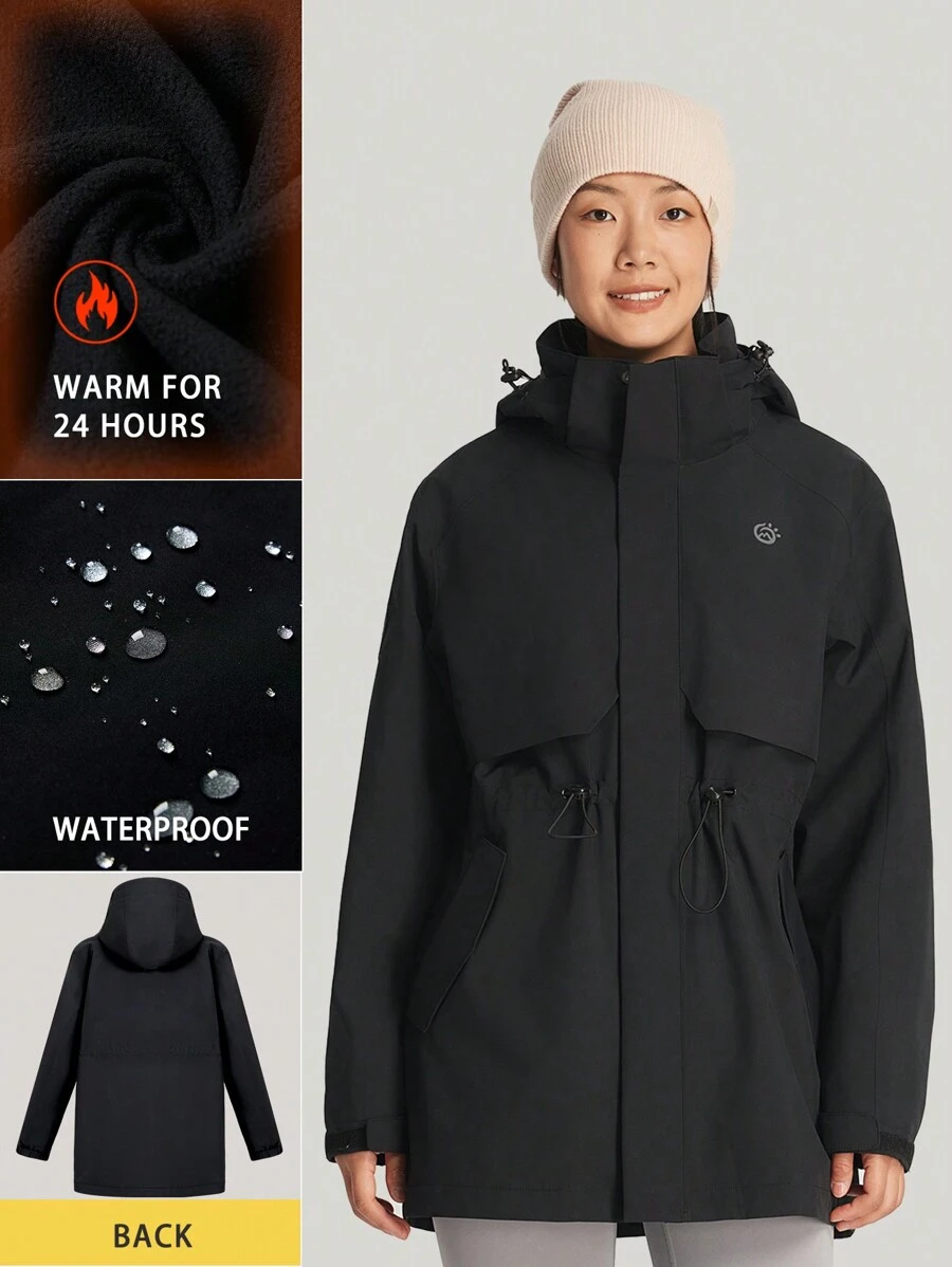 TECTOP Damen Warme, wattierte Jacke für Herbst und Winter, Outdoor, wasserabweisend, winddicht, mit Kapuze und verstellbarer Taille für Bergsteigen und Camping - Schwarz - Übersicht 1