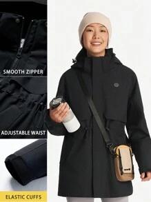 TECTOP Damen Warme, wattierte Jacke für Herbst und Winter, Outdoor, wasserabweisend, winddicht, mit Kapuze und verstellbarer Taille für Bergsteigen und Camping - Schwarz - Übersicht 3