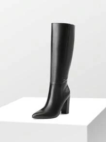 Women's Chunky Heel Pointed Toe Knee High Boots Side Zipper  Tall Boots For Women Fashionable Solid Color Long Boots - PU ĐEN - Xem 4