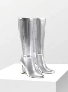 Women's Chunky Heel Pointed Toe Knee High Boots Side Zipper  Tall Boots For Women Fashionable Solid Color Long Boots - 銀色 - 查看 6