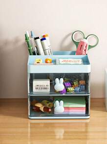 1 件装多功能抽屉式笔筒文具收纳盒，设计可爱，容量大，可存放笔、剪刀、便签等小物品 - 藍色 - 查看 6