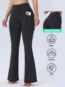 ROYALS MATTINI 瑜伽喇叭裤，基本款瑜伽健身运动高腰裤带口袋，春夏女式瑜伽喇叭裤带腰带，瘦身、提拉，女士瑜伽裤舞蹈休闲运动长裤 - 黑色 - 查看 1