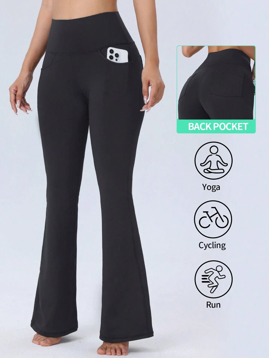 ROYALS MATTINI 瑜伽喇叭裤，基本款瑜伽健身运动高腰裤带口袋，春夏女式瑜伽喇叭裤带腰带，瘦身、提拉，女士瑜伽裤舞蹈休闲运动长裤 - 黑色 - 查看 1