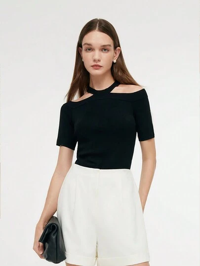 GOELIA Off-Shoulder Women Knit Top,Halter Neck Knit Top,Elegant Black Off-Shoulder Top