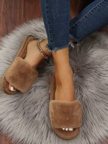女士时尚拖鞋，保暖毛绒家居拖鞋，防滑，百搭，适合秋冬季节，蓬松拖鞋 - 咖啡棕 - 查看 2