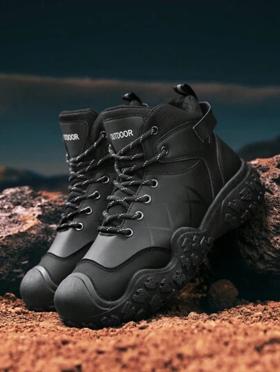 男士中帮厚底工作靴，耐用防水防滑工作和徒步皮靴