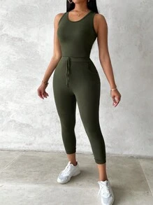 3PCS Round Neck Tank Top & Pocket Design Pants & Open Front Coat Set